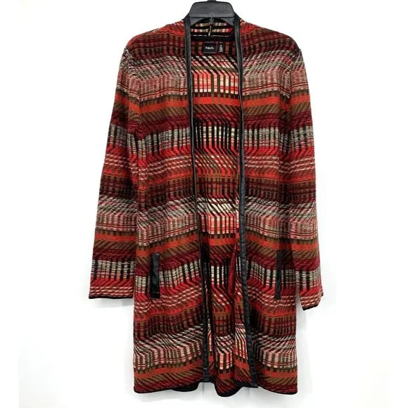 Rafaella Cardigan Red Black Faux Leather Trim Open Front - Picture 1 of 10